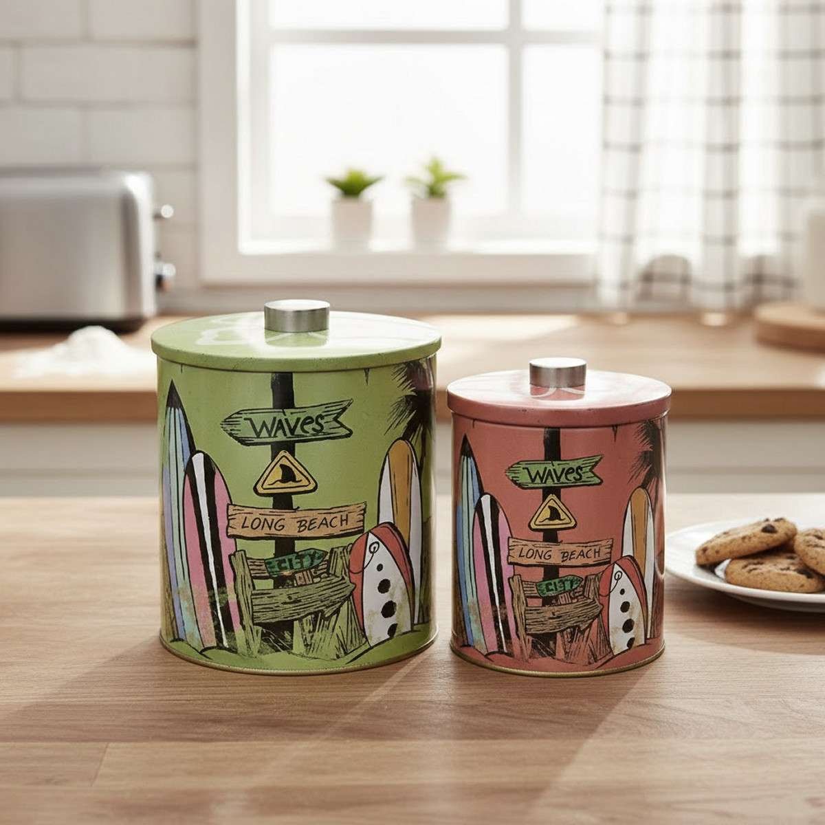 Barattoli per biscotti rotondi in metallo surf verde/arancio Set 2pz