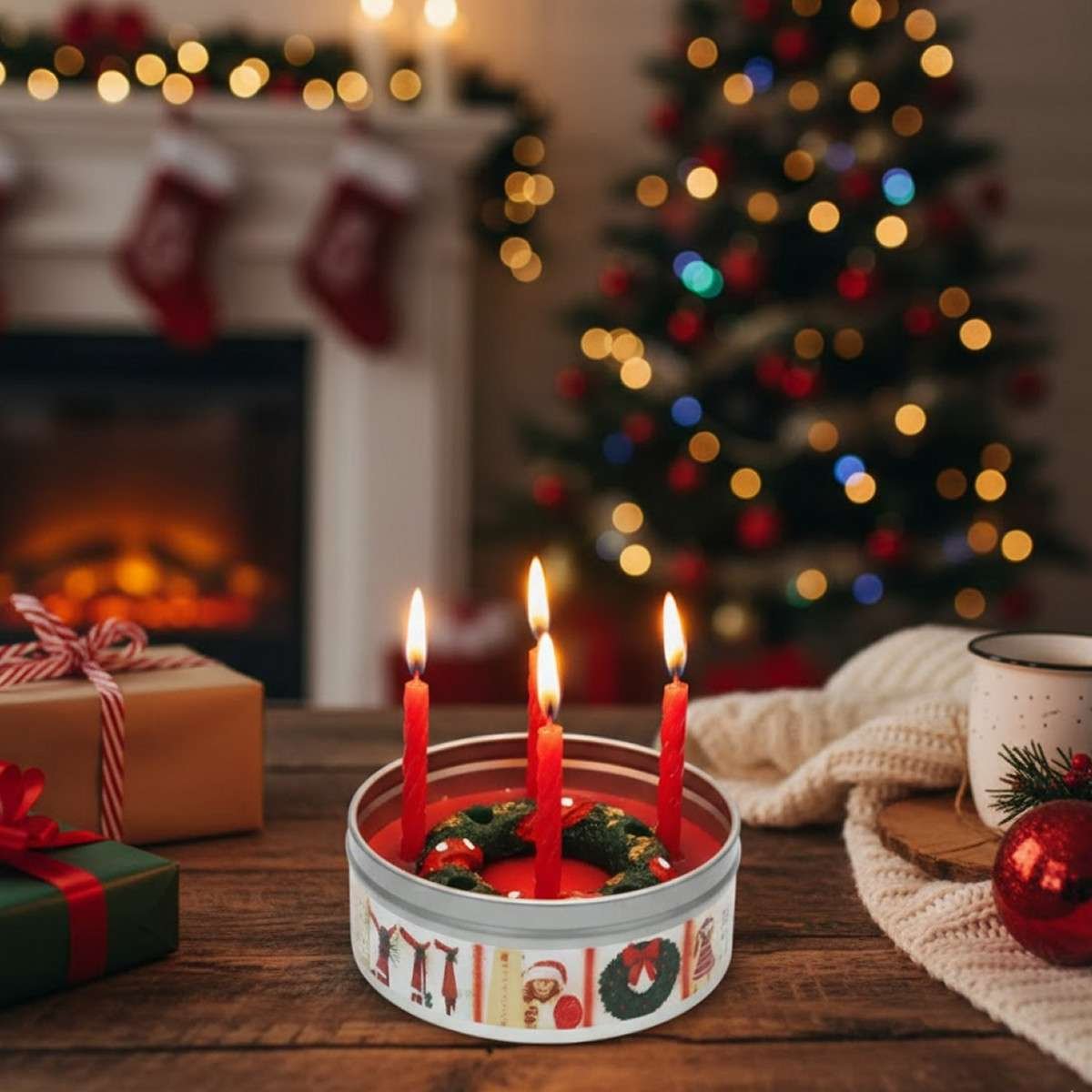 Porta candele a forma di corona con quattro candele rosse