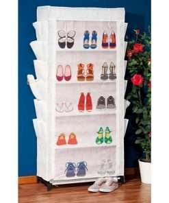 Scarpiera bianca in polipropilene e struttura in ferro con 10 ripiani