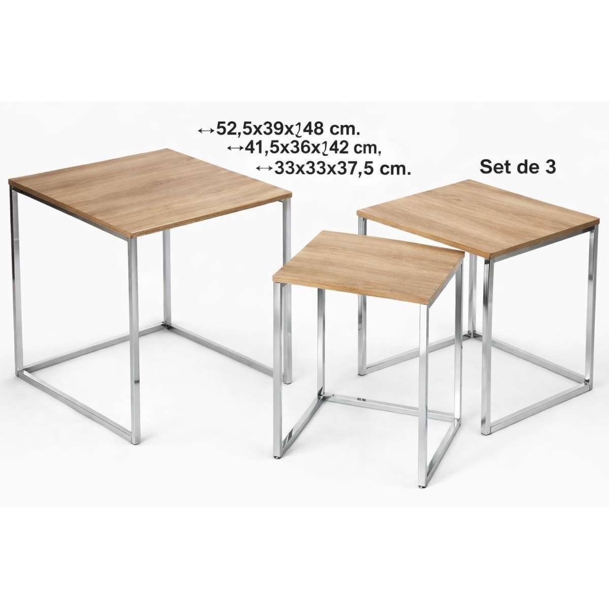 Set 3 Tavolini in legno naturale e gambe in acciaio