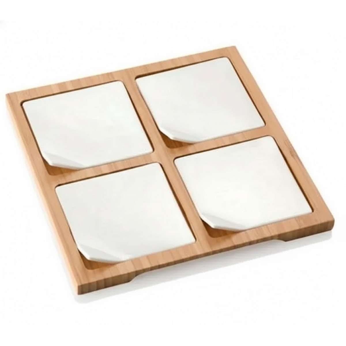 Set 4 pz Antipastiera Porcellana Bianca Finger Food con Supporto bamboo