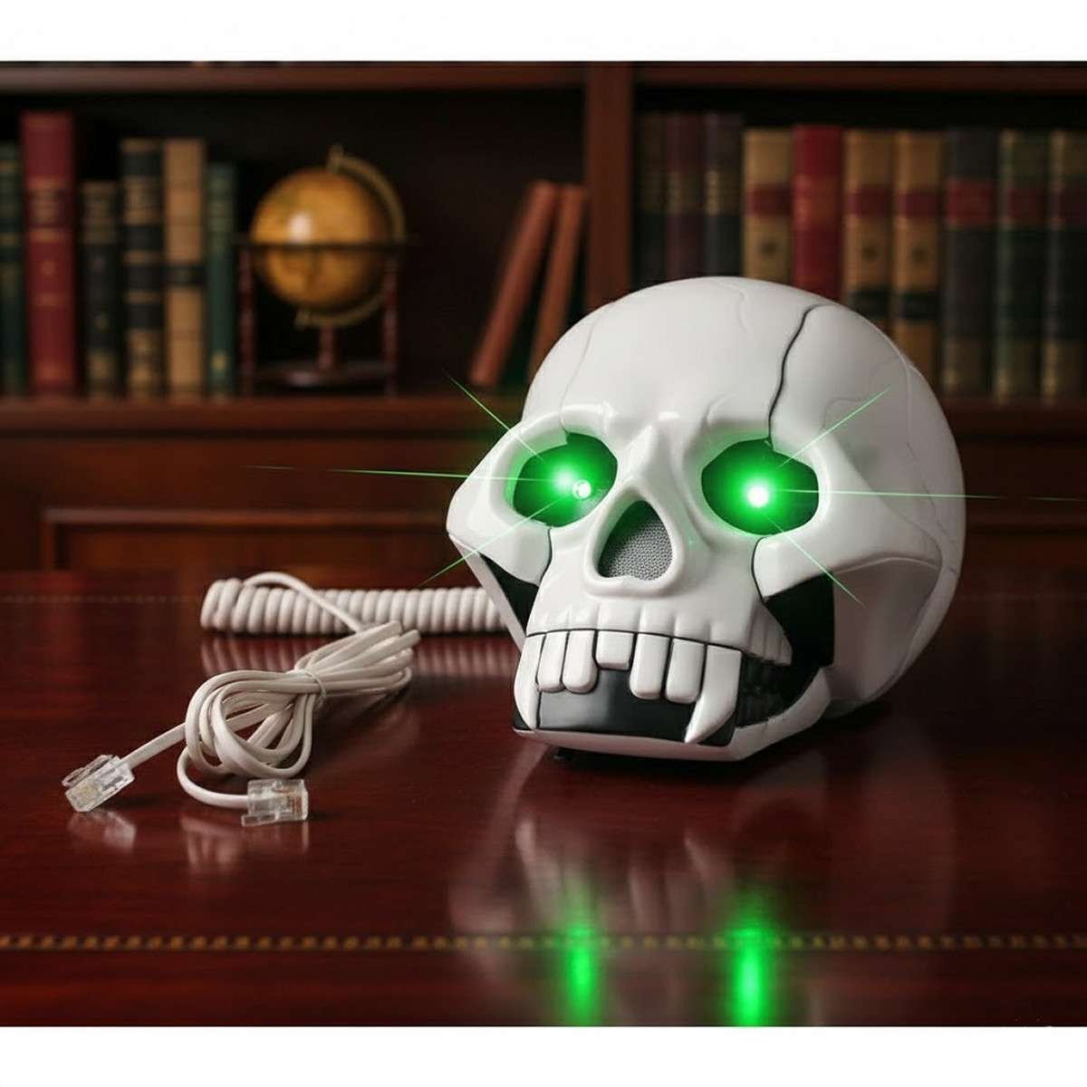 Telefono fisso a forma di teschio squilla e gli occhi s’illuminano di verde Mai Ugual