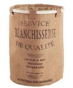 Cesta porta biancheria multiuso in tessuto naturale marrone con scritte, anello ed asticelle di tenuta in alluminio