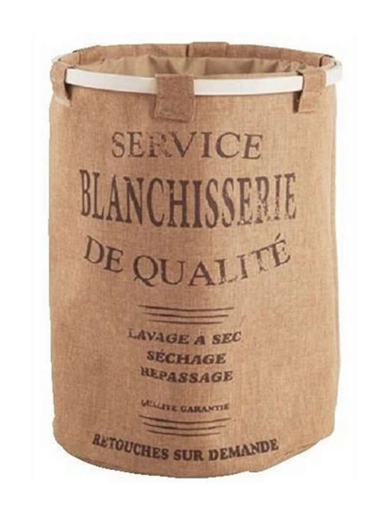 Cesta porta biancheria multiuso in tessuto naturale marrone con scritte, anello ed asticelle di tenuta in alluminio