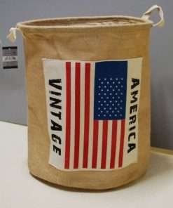 Cesta Portabiancheria Rotonda in Lino con Bandiera americana Stile Vintage