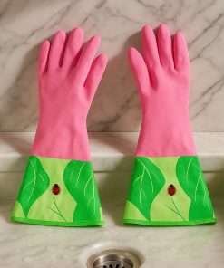 Guanti da Cucina Flower rosa in PVC con Foglie Decorative e Coccinella