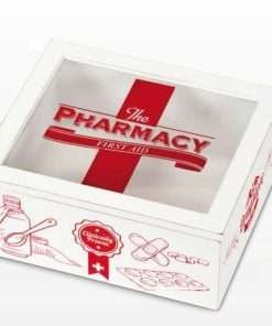 Scatola per medicinali e medicamenti in legno Shabby bianca con scritte rosse pharmacy