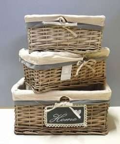 Set 3 cestini rettangolari in salice con interno in poliestere beige