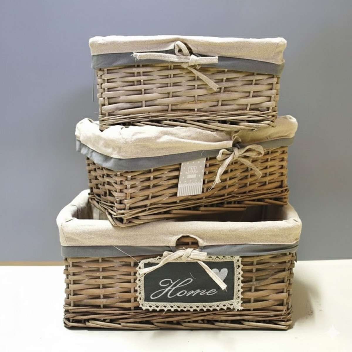 Set 3 cestini rettangolari in salice con interno in poliestere beige