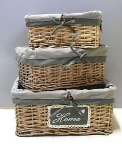 Set 3 cestini rettangolari in salice con interno in poliestere grigio