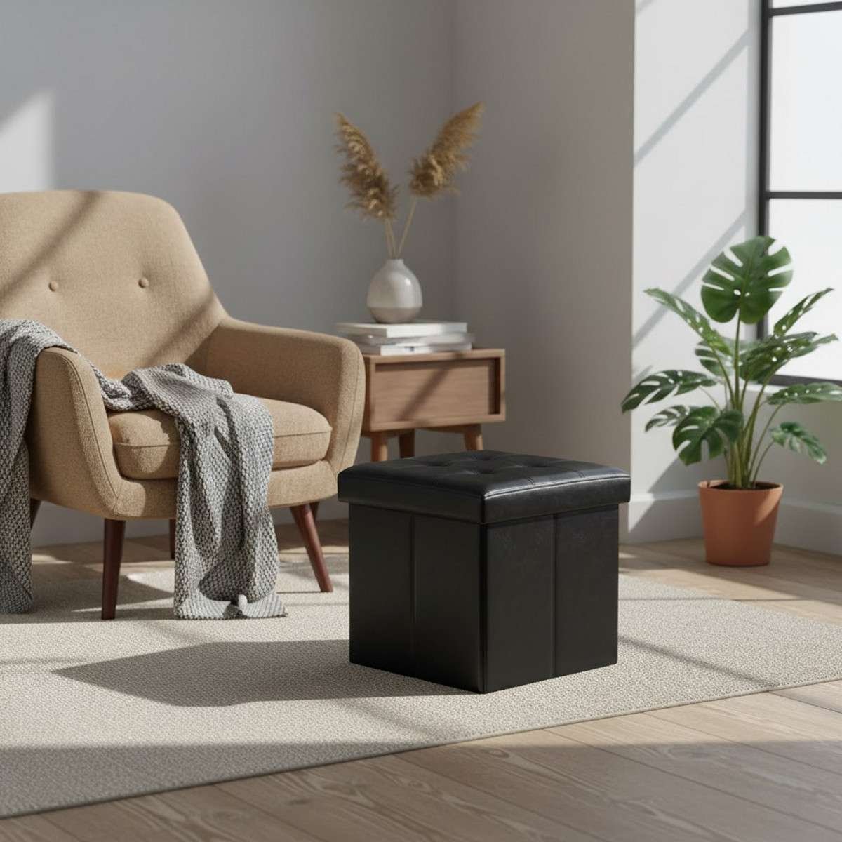 Pouf contenitore imbottito in ecopelle nero pieghevole richiudibile