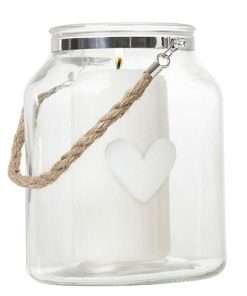 Secchiello in vetro con cuore bianco stampato e manico in corda grezza