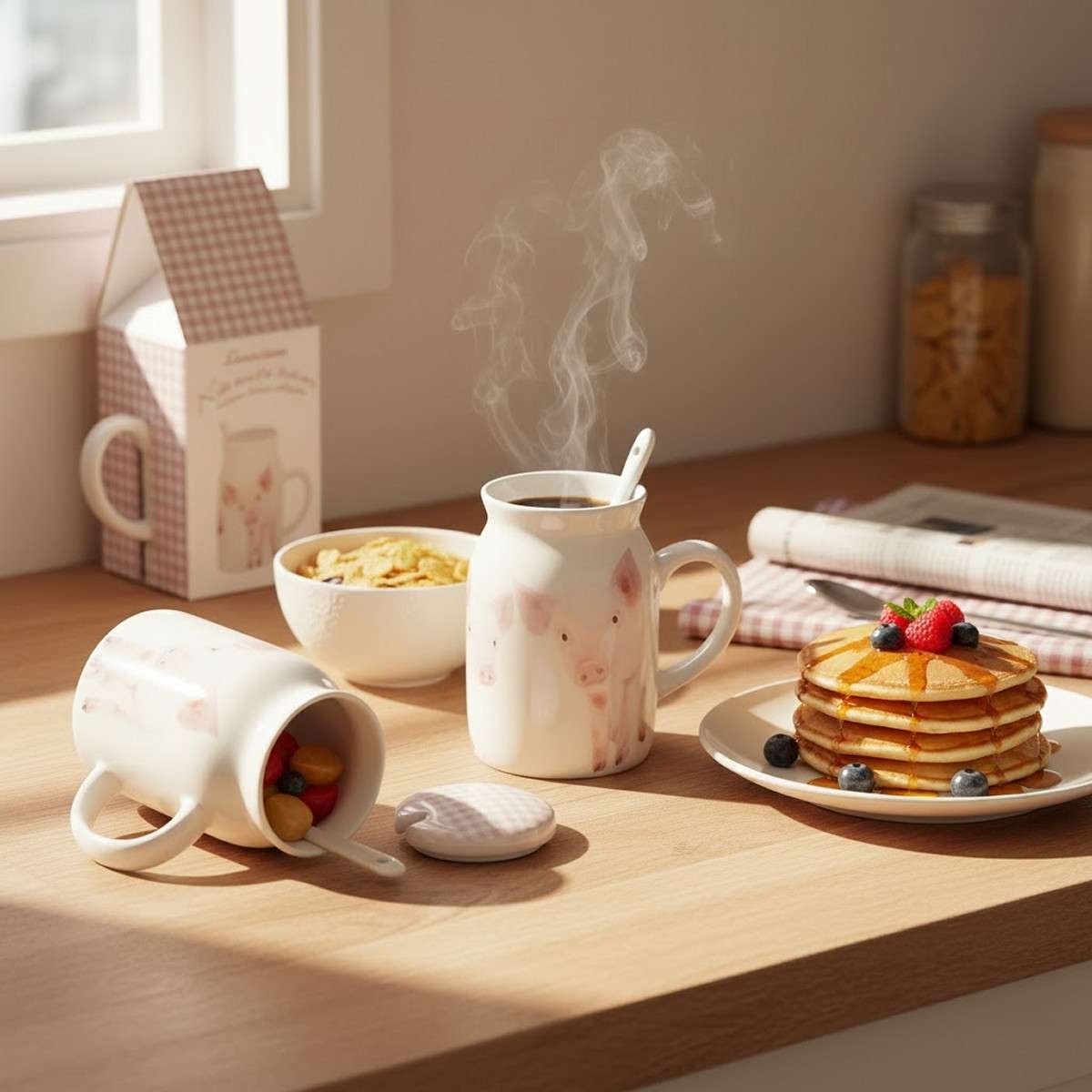 Tazza brocca Vecchia Fattoria con coperchio e cucchiaino new bone china 250 ml @ jug mug MAIALE