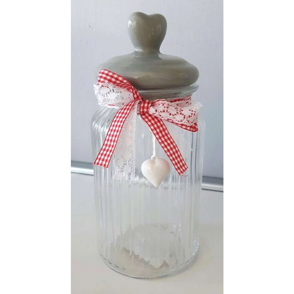 Barattolo in vetro con coperchio in ceramica decorato con fiocco rosso e cuore pendente