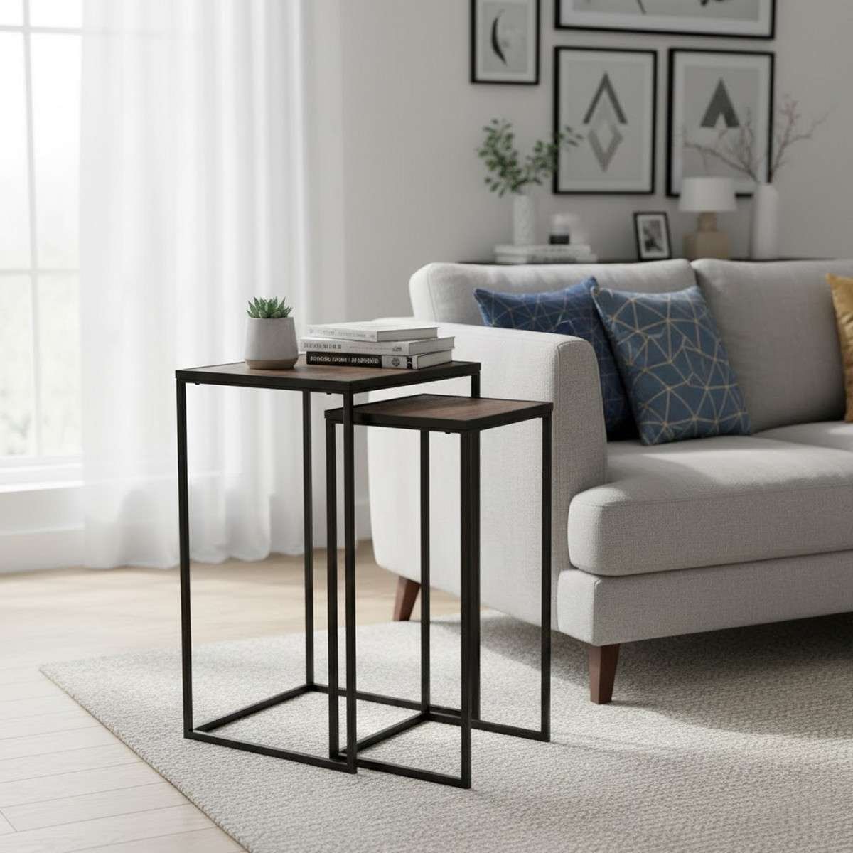 Set 2 Tavolini alti piano quadrato mdf rovere e gambe in ferro nero