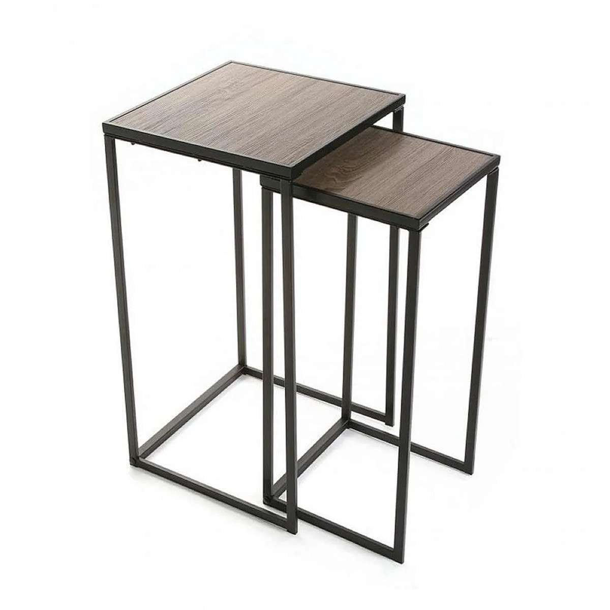 Set 2 Tavolini alti piano quadrato mdf rovere e gambe in ferro nero