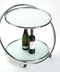 Tavolino carrello portavivande rotondo con ruote 2 piani in cristallo e struttura in acciaio cromato