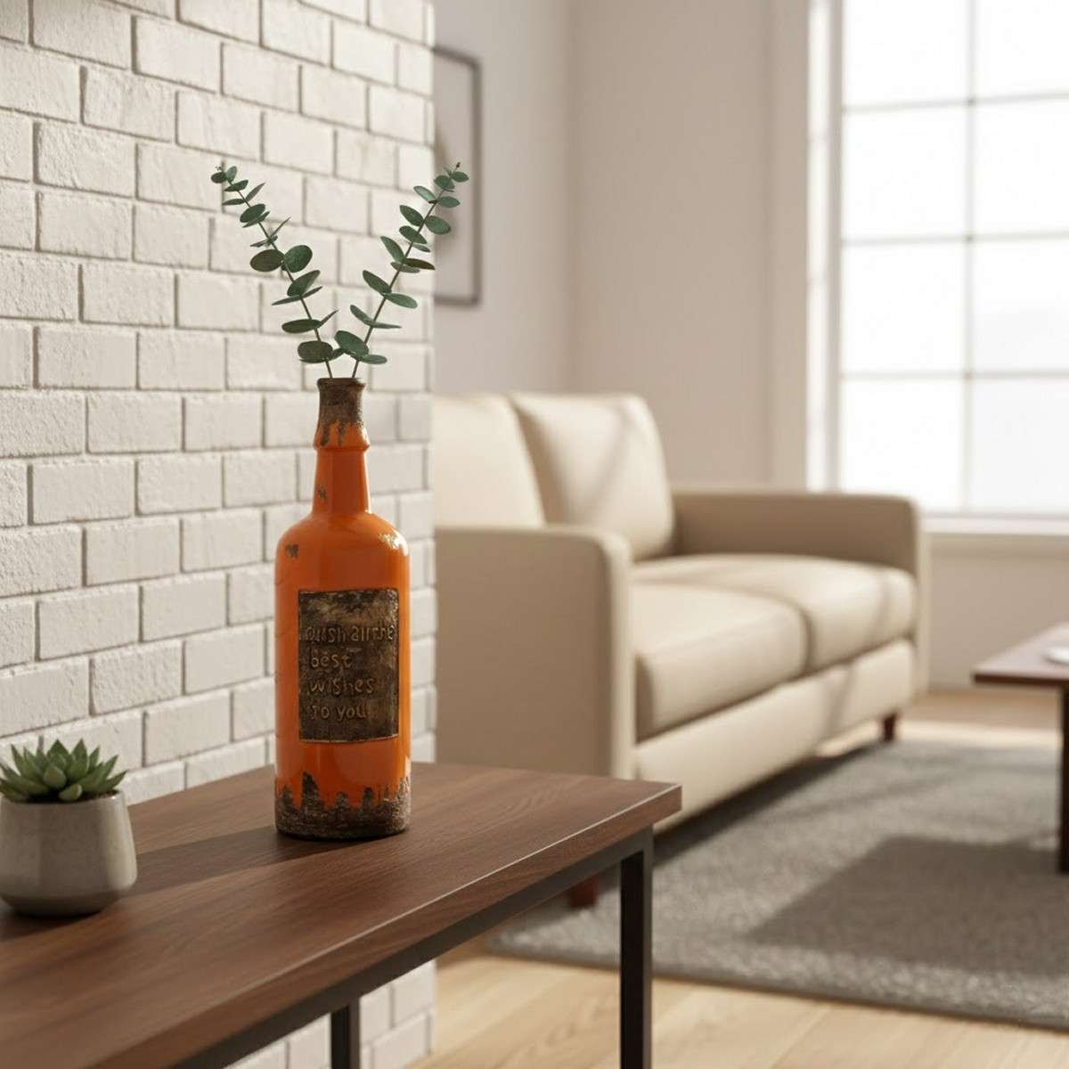 Vaso bottiglia in ceramica arancio invecchiato con scritta "wish air the best wishes to you"