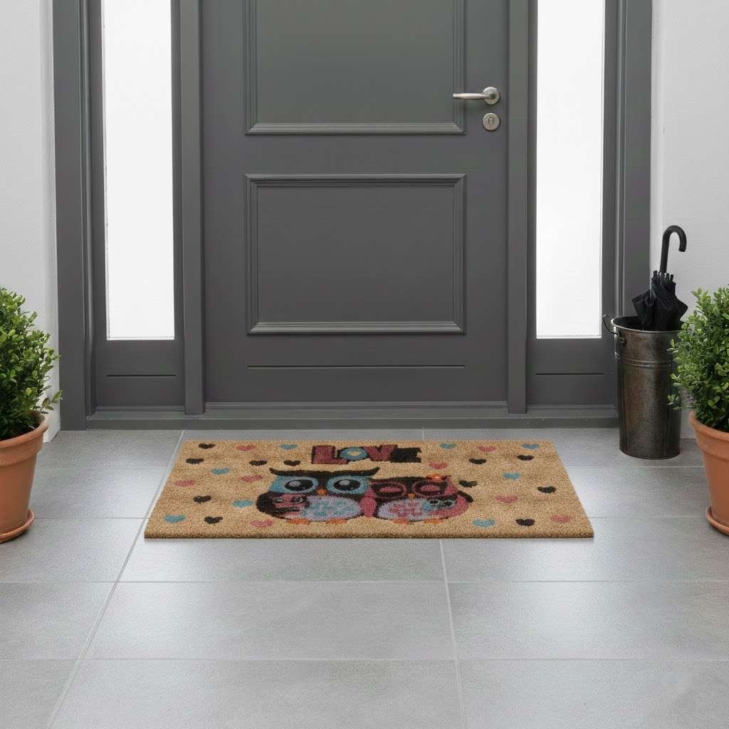 Zerbino in cocco gufetti LOVE con base in gomma 70 x 40 cm @ felpudo