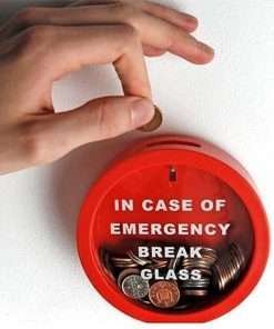 Salvadanaio tondo "In caso di emergenza rompere il vetro"
