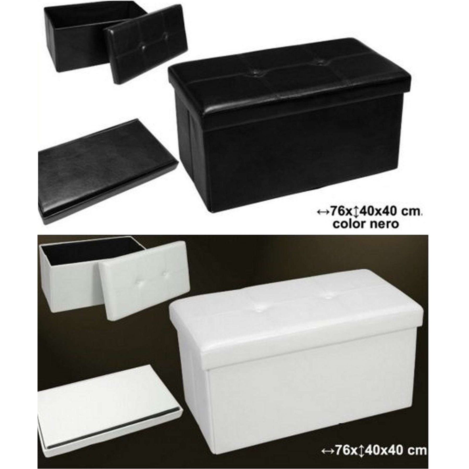 Pouf contenitore in ecopelle nero o bianco pieghevole richiudibile 76x40x40 cm