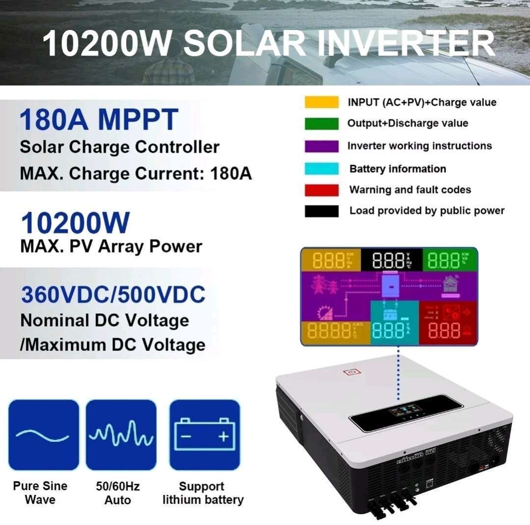 Inverter Ibrido 10,2kw 48volt 220volt Onda Sinusoidale Pura 2 Mppt 5,1kw + 5,1kw - immagine 3