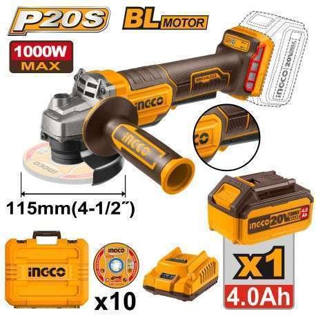 SMERIGLIATRICE ANGOLARE INGCO 20V D.115 CON BATTERIA E VALIGETTA