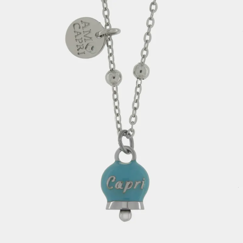 Collana in Acciaio con campanella pendente azzurra con scritta Capri 3140142