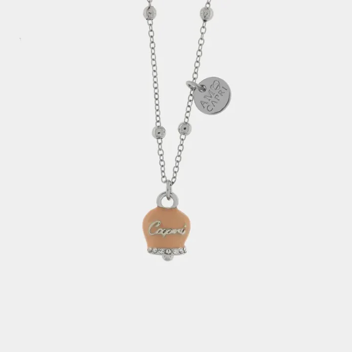 Collana in Metallo maglia a pallini con campanella rosa cipria e scritta Capri 3541256