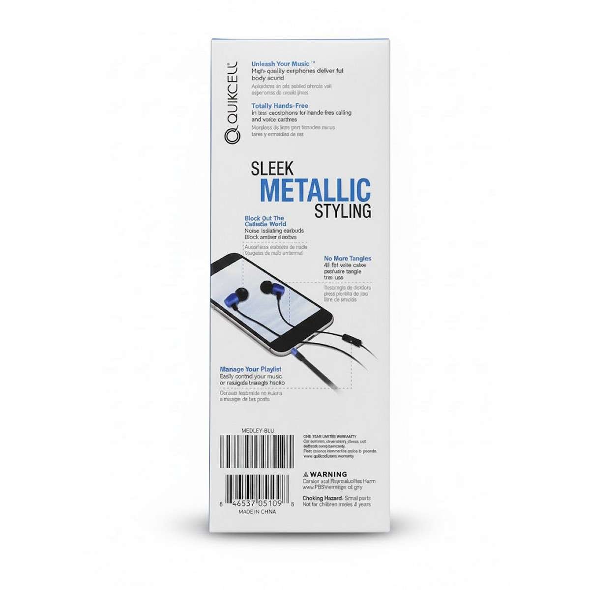 Auricolari Quikcell Medley™ In-Ear Blu Metallico, Jack 3.5mm con Microfono e Cavo Anti-Groviglio
