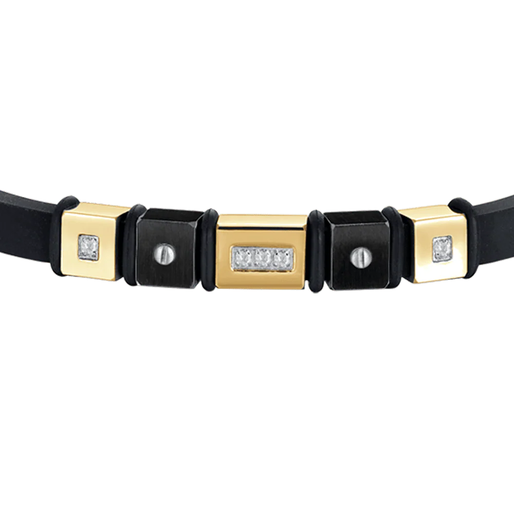 BRACCIALE UOMO IN SILICONE NERO CON ELEMENTI IN ACCIAIO IP GOLD ED IP NERO - immagine 4