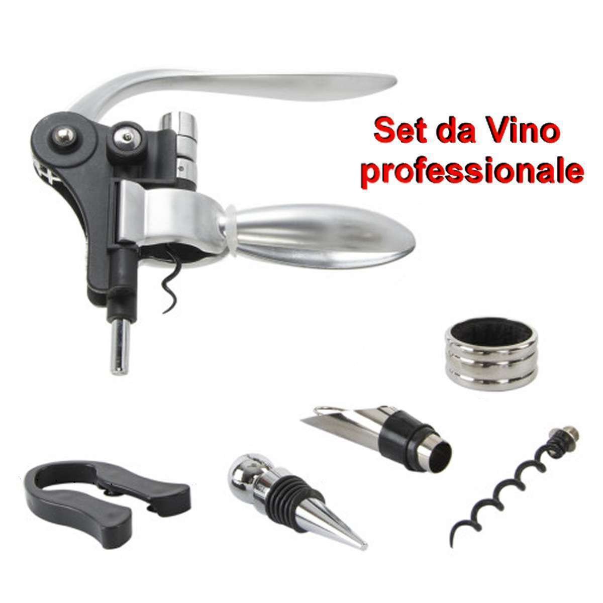 Set da vino in acciaio inox con apribottiglia e tappo decantatore 6pz