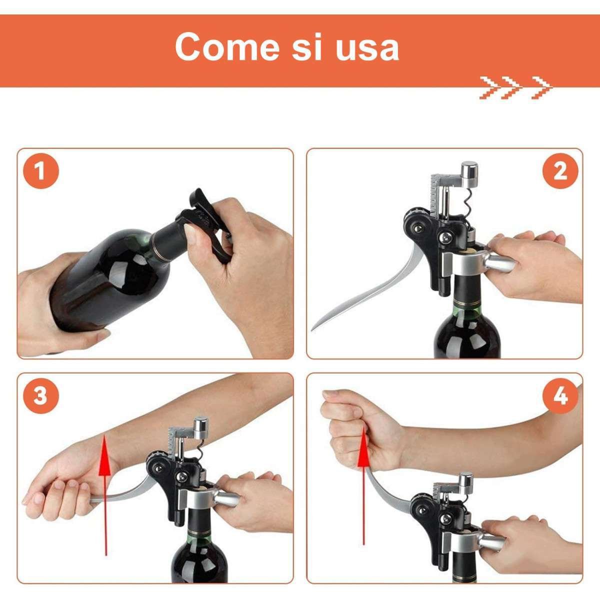 Set da vino in acciaio inox con apribottiglia e tappo decantatore 6pz